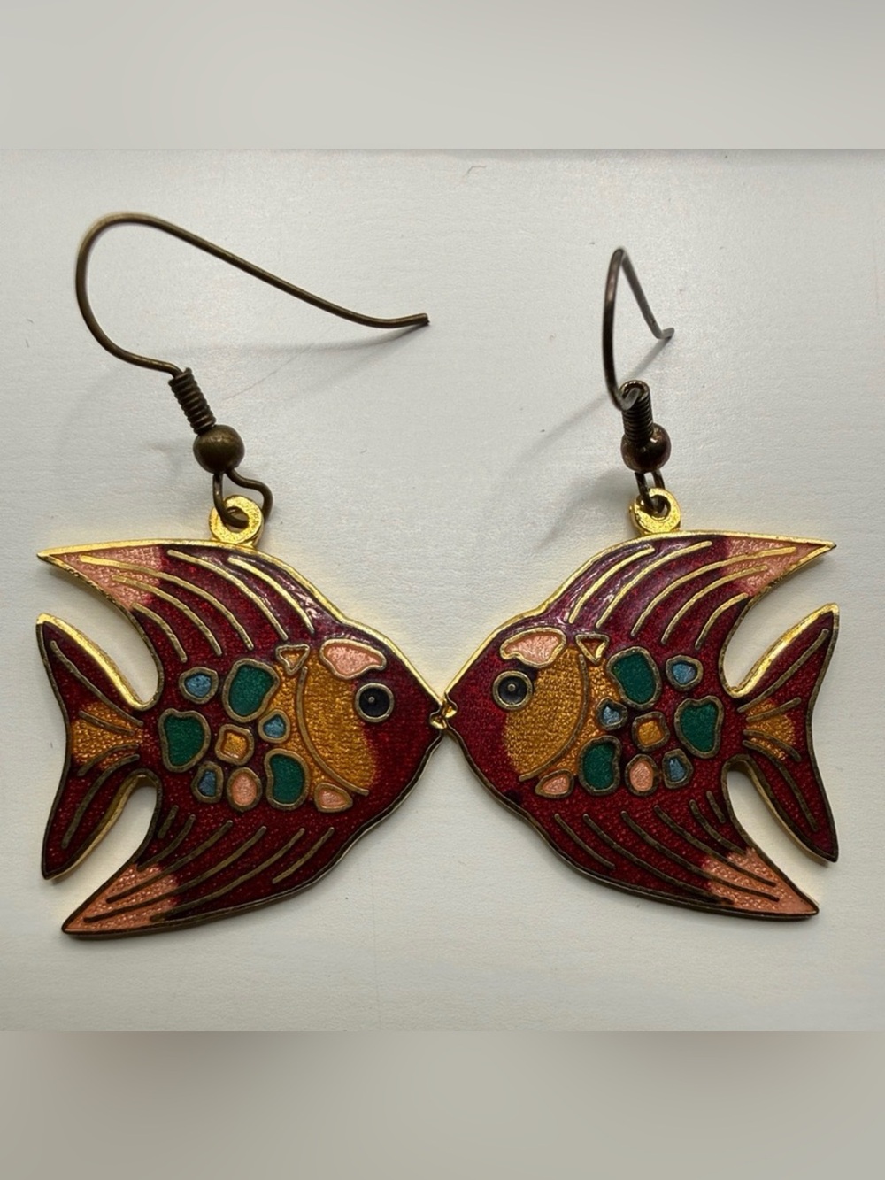 Vintage cloisonné Fish-Shaped Dangle pierced enamel Earrings Gold red tones